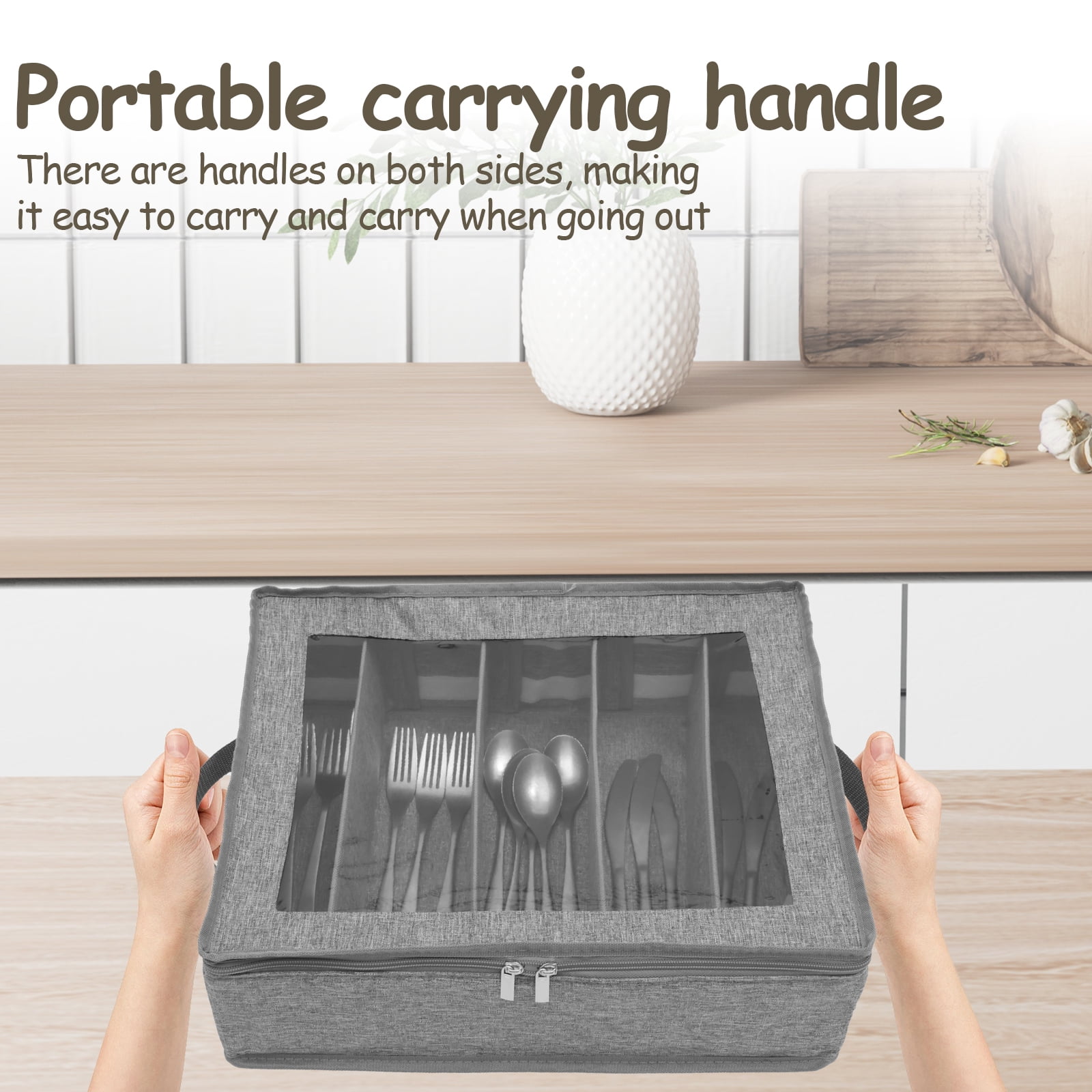 Flatware Organizer with Lid, Fabric Silverware Travel Container with Handles, 5-Compartment Cutlery Holder for RV Camping, Gray
