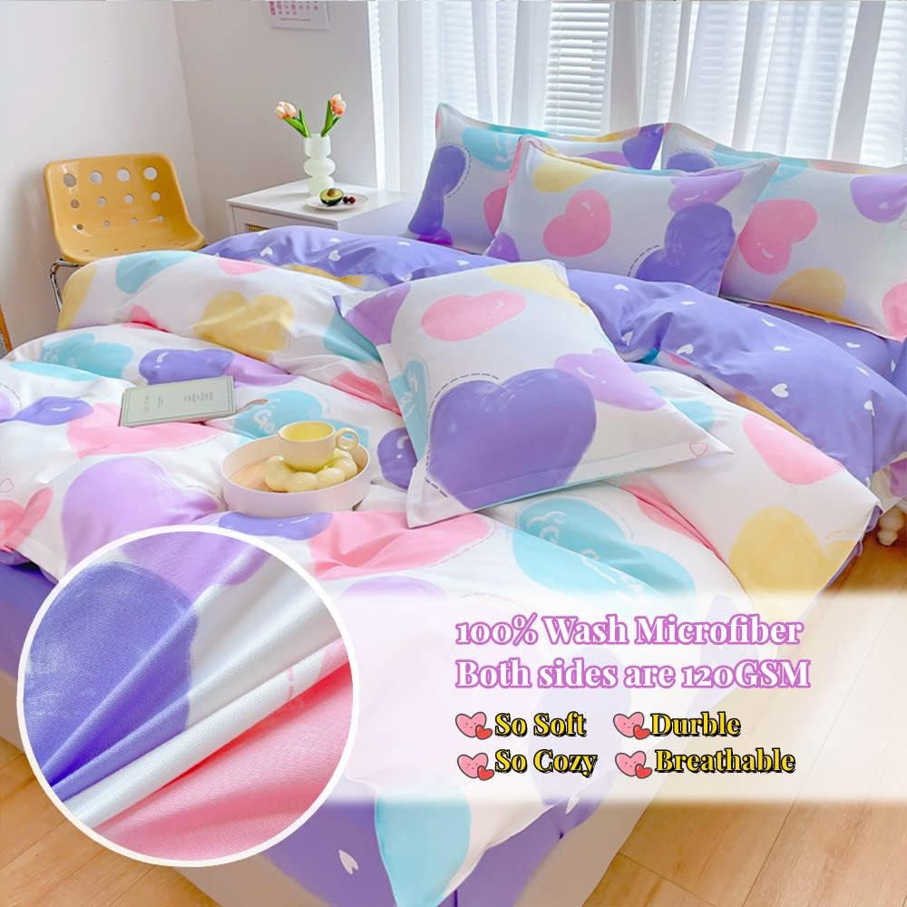 CinYana Colorful Love Heart Kids Duvet Cover,3 Pcs Kawaii Comforter Cover Set,Cute Bedding Set Zipper and 2 Pillowcase(Love,Full/Queen)
