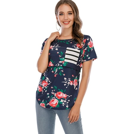 

Maternity Floral Printing T Shirt Maternity Ladies Tops Navy Blue XL