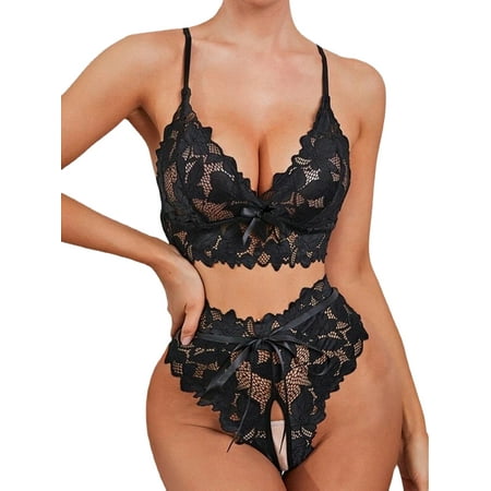 

LSFYSZD Women Lingerie 2pcs Suit Sleeveless Off Shoulder V Neck Lace Bra + Briefs Underwear Pajamas