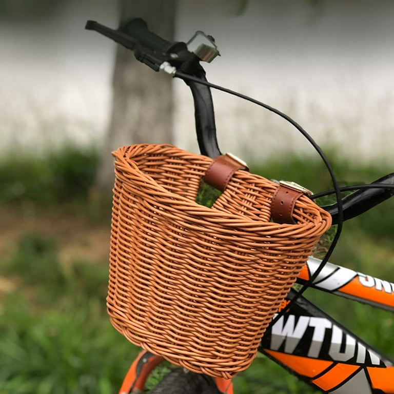 Bike Wicker Baskets Front Handlebar Bicycle Basket With Lid and Leather  Belt Easy to Install Bicycle Accessory Brown 