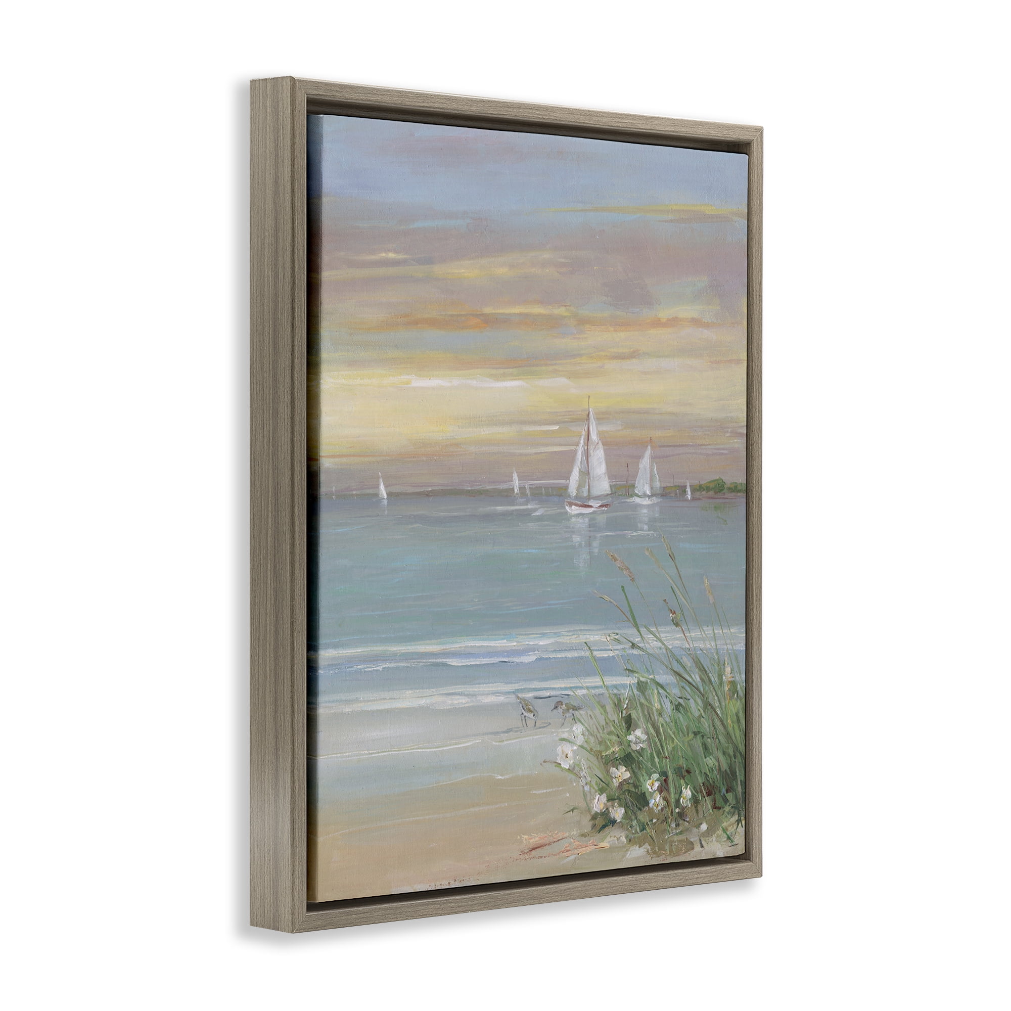 Stupell Industries Sailboats Beyond Sandy Shore Brown Framed Floater Canvas Wall Art, design by Sally Swatland