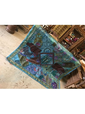 Mogul Zardozi Tapestry Embroidered Patchwork Boho Decor Blue Throw Wall Hanging 90X 80