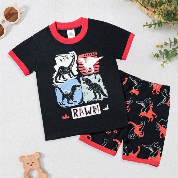Paguaki Boys Short Set Pajamas Boys Cotton Toddler Train Dinosaur Sleepwear Summer Clothes Size 2-7T