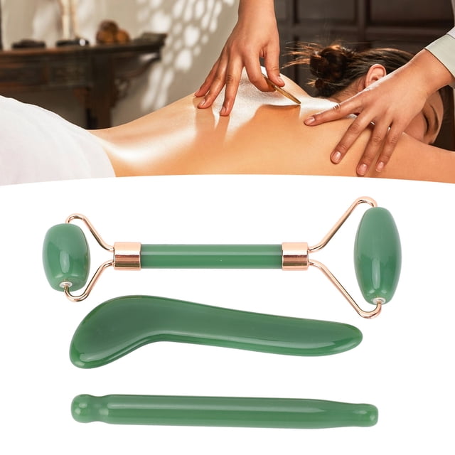 Outils Faciaux Gua Sha, Réduction des Plis Rouleau Double Extrémité Rouleau Portable en Jade 3 Pcs avec Outil de Raclage en Forme de L pour Usage Domestique Vert, Blanc