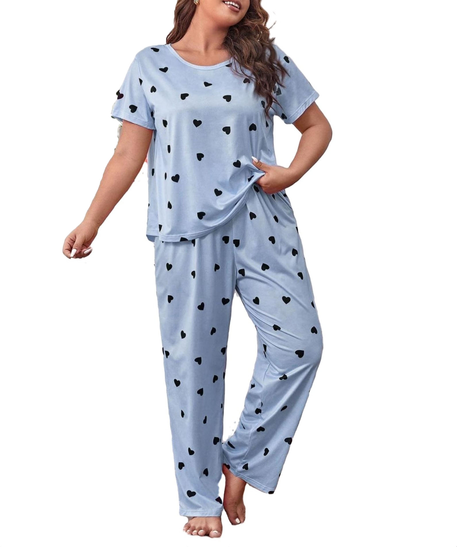 Heart Print Round Neck Pant PJ Sets Short Sleeve Blue Plus Size Pajama
