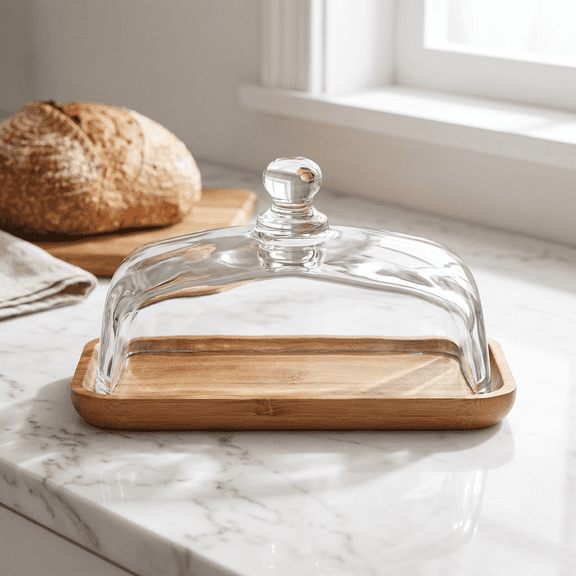 Damkogic Bamboo Butter Dish with Glass Lid – Clear Butter Tray for Refrigerator & Counter, for Butter, Cream Cheese, and Serving