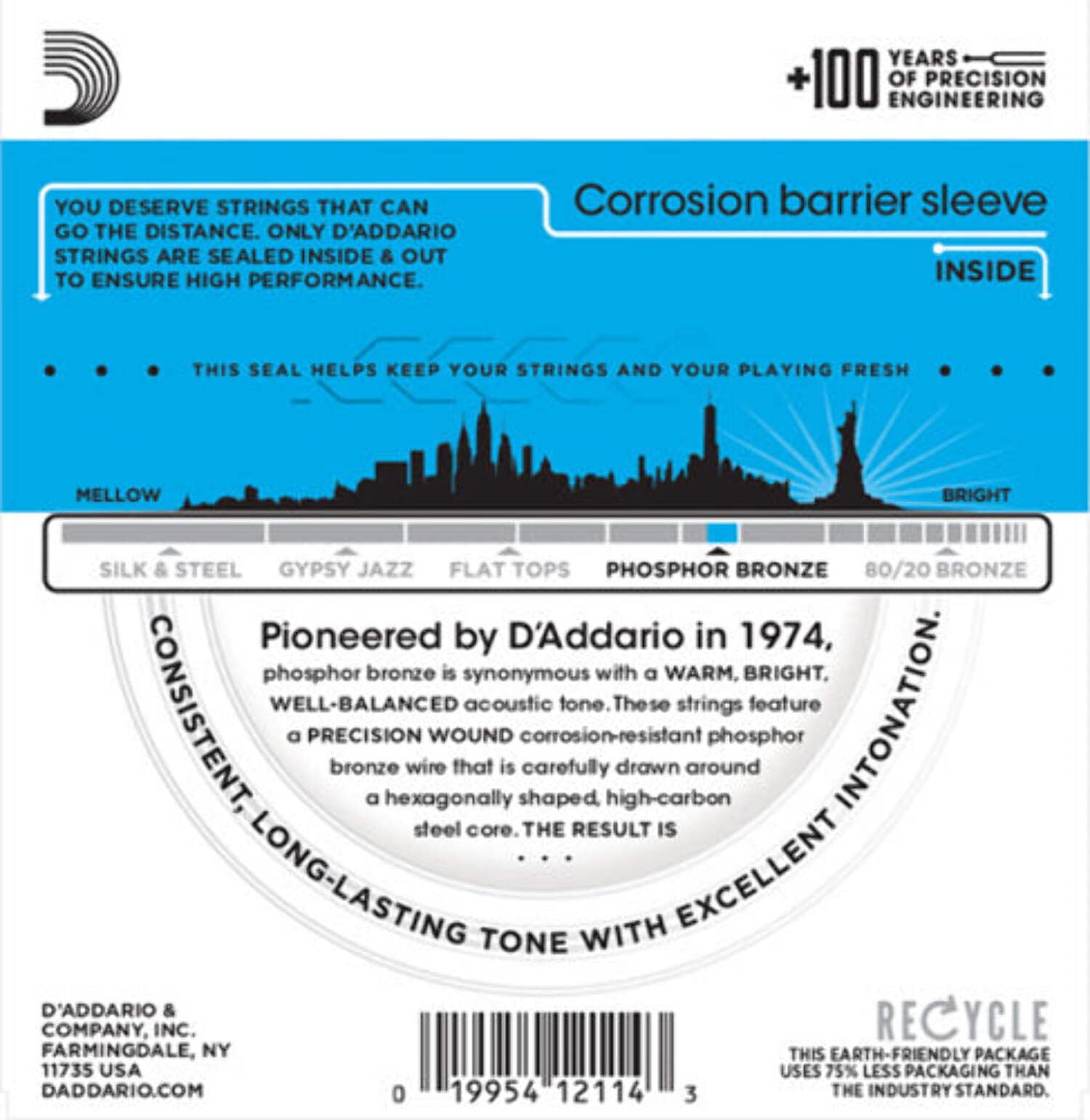 D'Addario EJ16-B25 Phosphor Bronze Acoustic Guitar Strings, Light, 25 Bulk Sets
