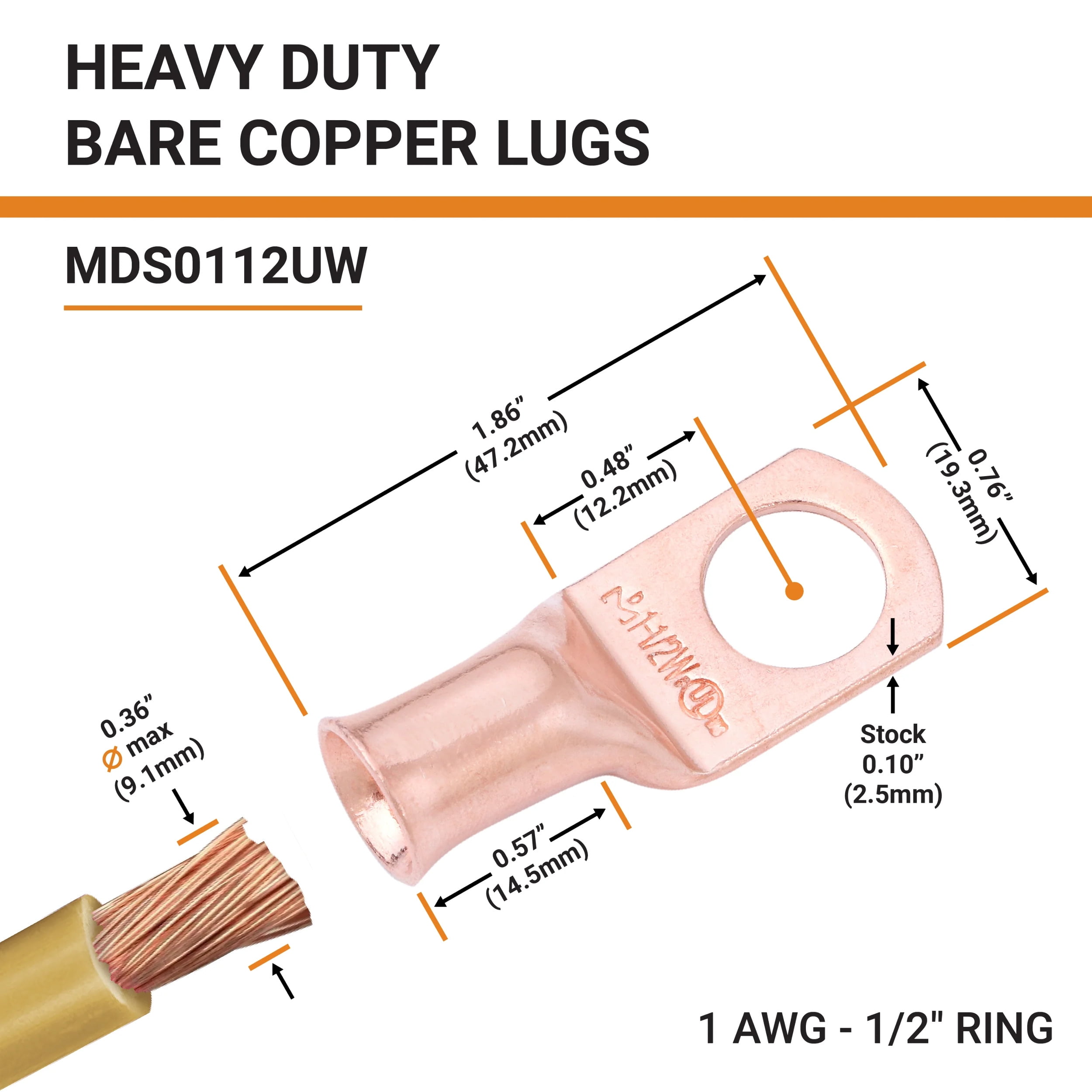 SELTERM 1 AWG 1/2" Ring Battery Cable End Terminal Lugs Bare Copper 25ea