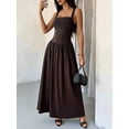 thumbnail image 3 of Petite Womens Brown Solid Square Neck Ruched Flared Maxi Dress For Spring Summer, 3 of 8