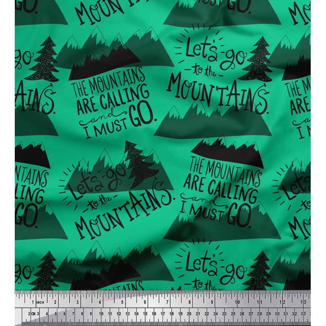 Soimoi Green Cotton Duck Fabric Mountains & Text Print Sewing Fabric Yard 56 Inch Wide