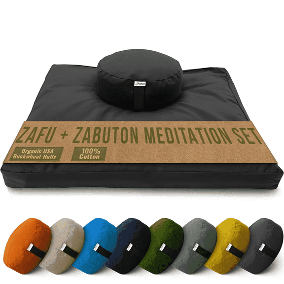 Cotton Meditation Cushion and Mat Set - Organic Buckwheat Filled Round Zafu Meditation Pillow and Cotton Filled Zabuton Floor Pad - Made in USA, Black