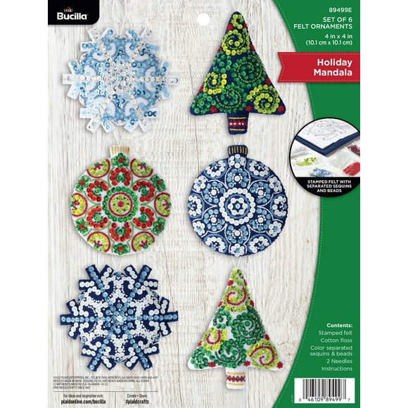Bucilla Christmas Ornament Kit, Felt Applique, Mandala Christmas, Set of 6