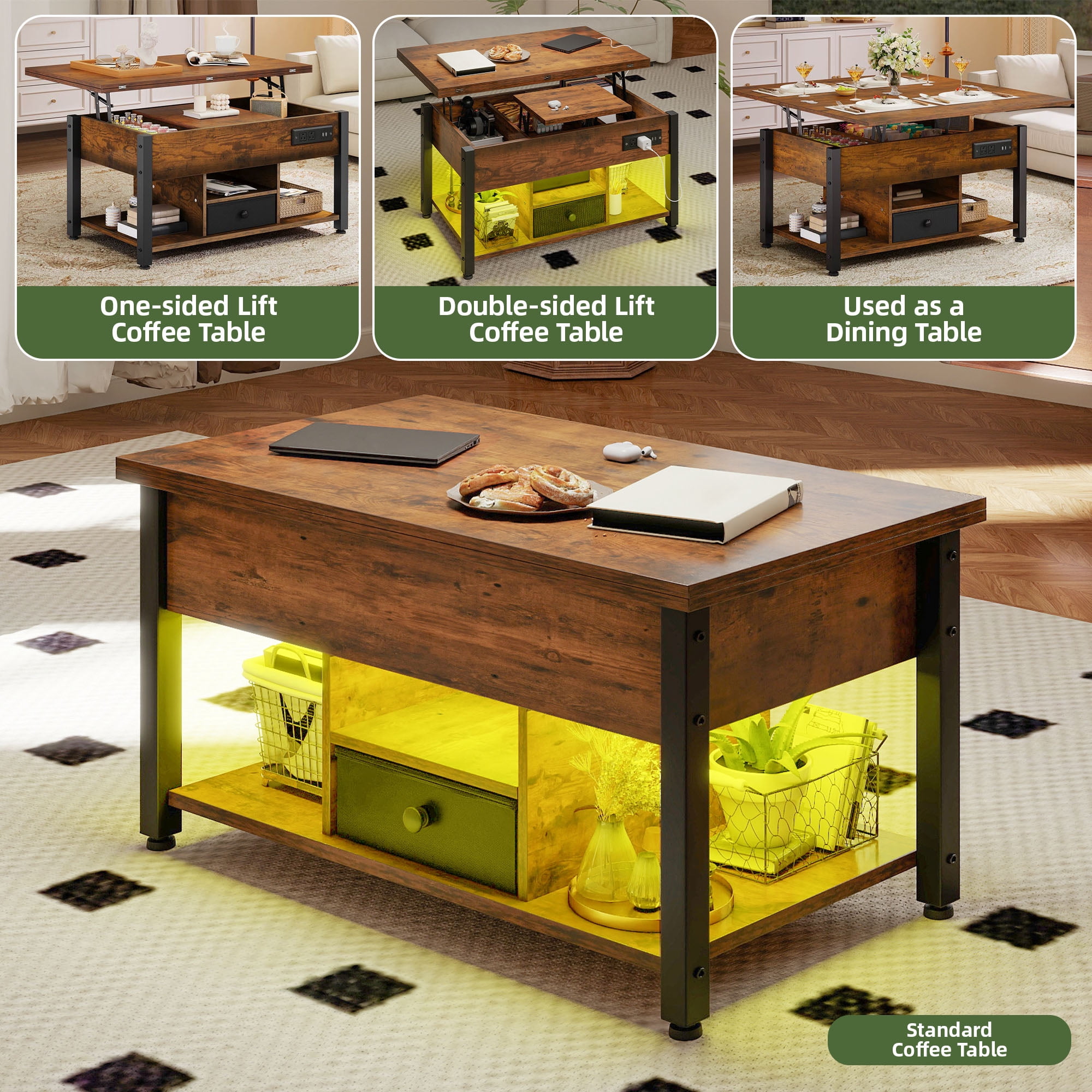 Uforic 4-in-1 Lift Top Coffee Table with RGB Light, Storage, Power Outlets, Dual Tops, Brown