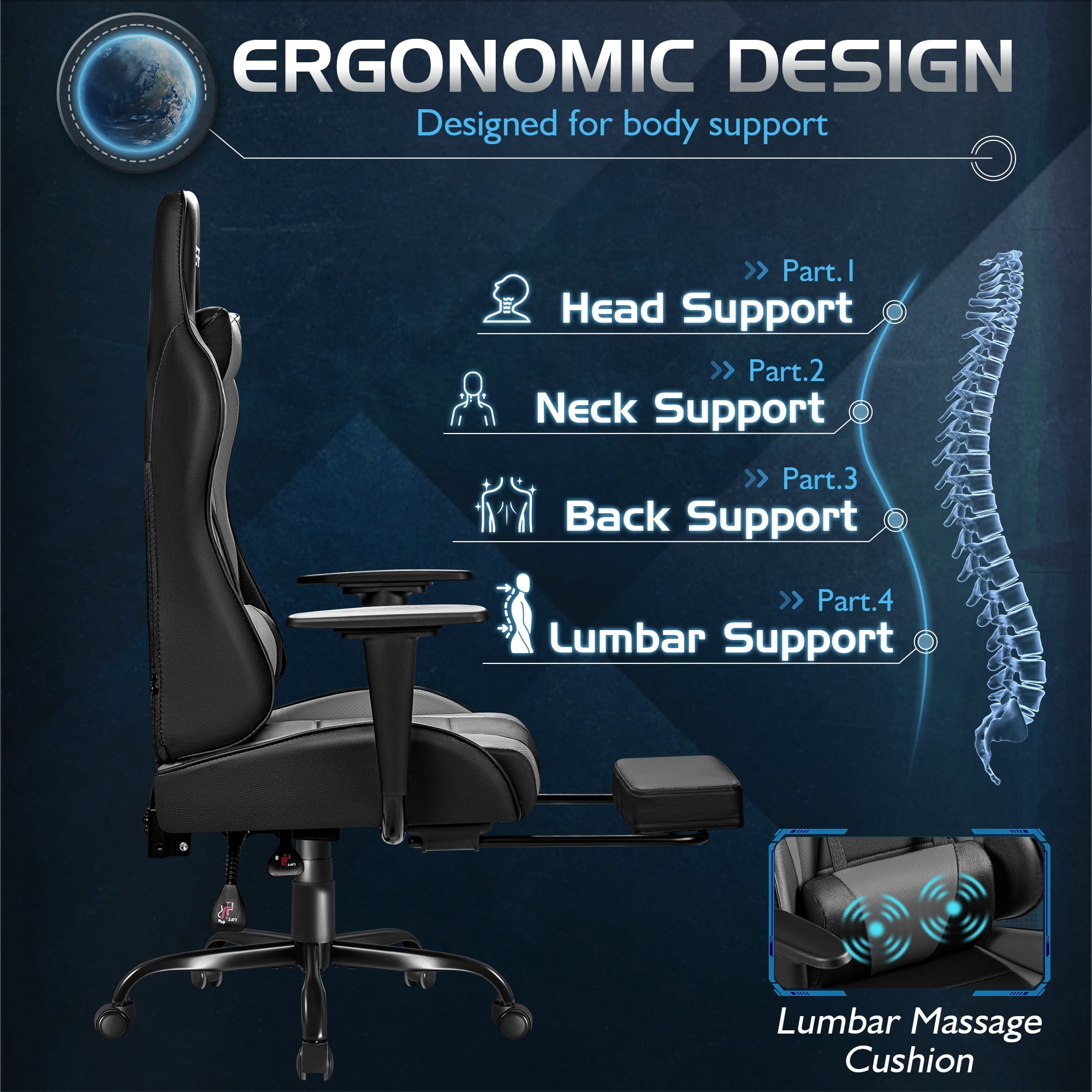 Homall Gaming Chair Massage Office Chair High Back PU Leather Chair with Footrest, Gray