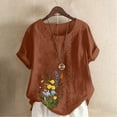 thumbnail image 2 of XUNKUSGA Plus Size Cotton Linen Going Out Tops for Women Casual Summer Boho Tops Fashion Loose Fit Crew Neck Short Sleeve Floral Women's T-Shirts S-5XL Brown, 2 of 4
