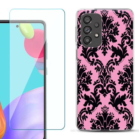 Slim-Fit Gel TPU Phone Case for Samsung Galaxy A33 5G, with Tempered Glass Screen Protector, by OneToughShield ® - Victorian Pink/Black