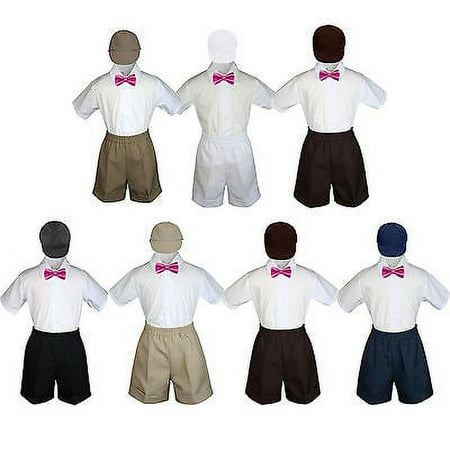 

4pc Set Boy Toddler Formal Fuchsia Bow Tie White Navy Khaki Shorts + Hat S-4T