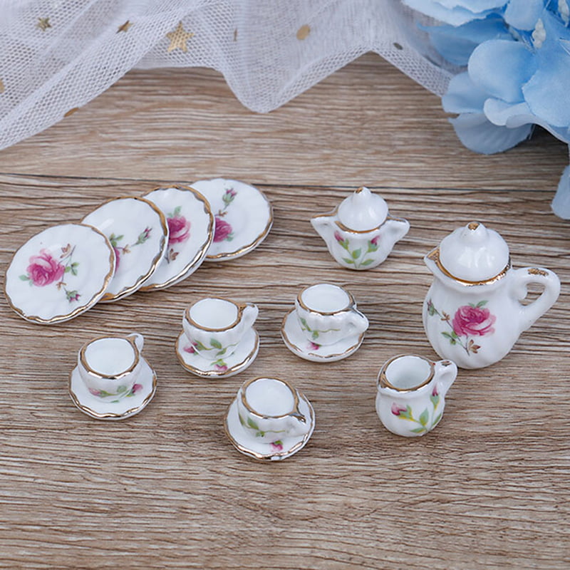 15Pcs 1:12 Dollhouse Miniature Tableware Porcelain Ceramic Tea Cups Set Toys RAS 