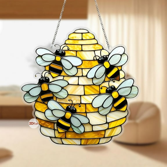 Bee Hanging Decorations, 2D Flat Acrylic Bumble Bees Door, Hanger Sign Window Wall Hanging Pendant Ornament for Trees Front Door Fence, Spring Summer Farmhouse Bee Day Party Decor