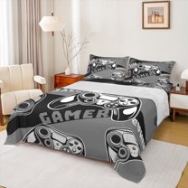 Feelyou Gaming Gamer Kids Bed Sheets, Game Gamepad Controller King Sheets, Grey Cartoon Style Sheet Set, Microfiber Bedroom Decor, 4pcs