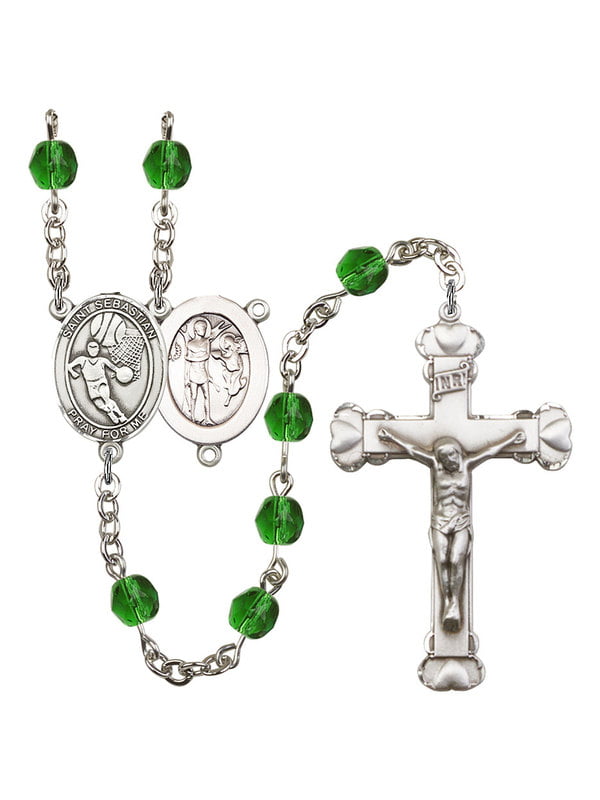 Bonyak Jewelry 18 Inch Rhodium Plated Necklace w/ 6mm Faux-Pearl Beads and Saint Christopher/Basketball Charm