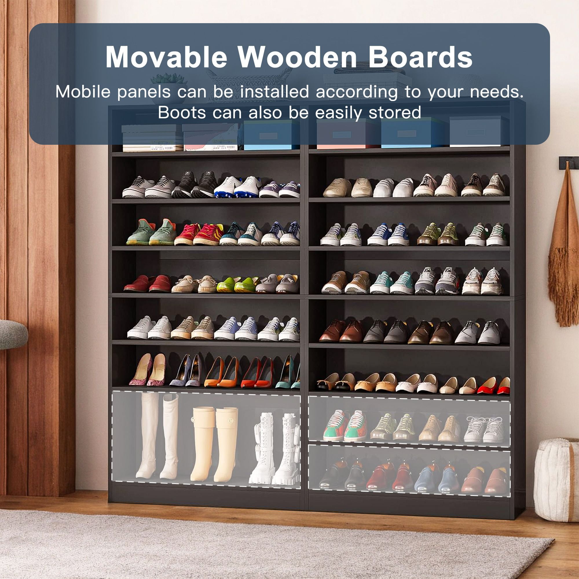 Demi Bonn Wooden Shoe Rack 9-Tier Shoe Storage Organizer Entryway Shoe Shelf, 40-45 Pairs Freestanding Shoe Cabinet, Black