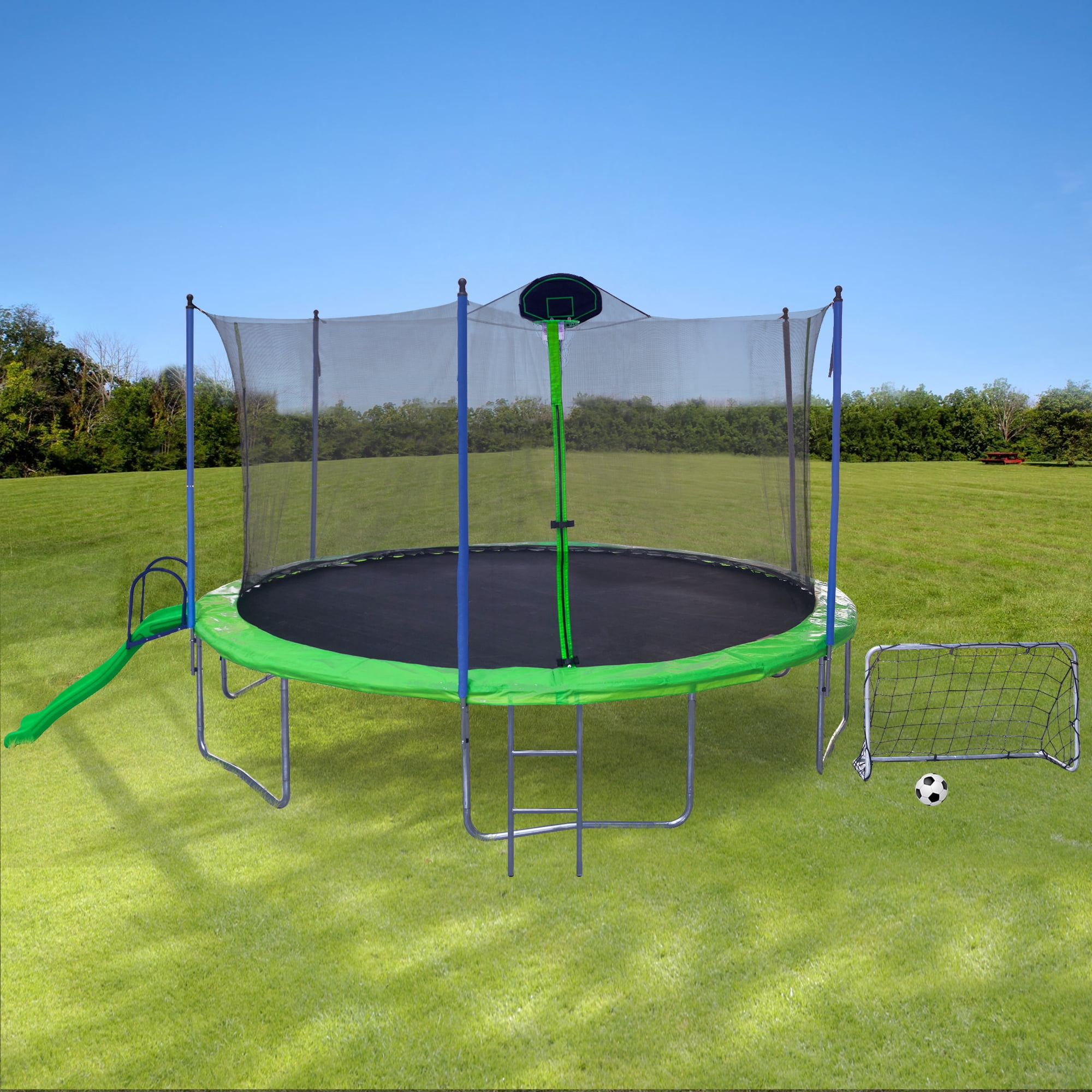 16FT Trampoline with Soccer Goal Net ,Outdoor Trampoline with Basketball Hoop and Ladder,Large Recreational Trampoline for Kids and Adults,Green