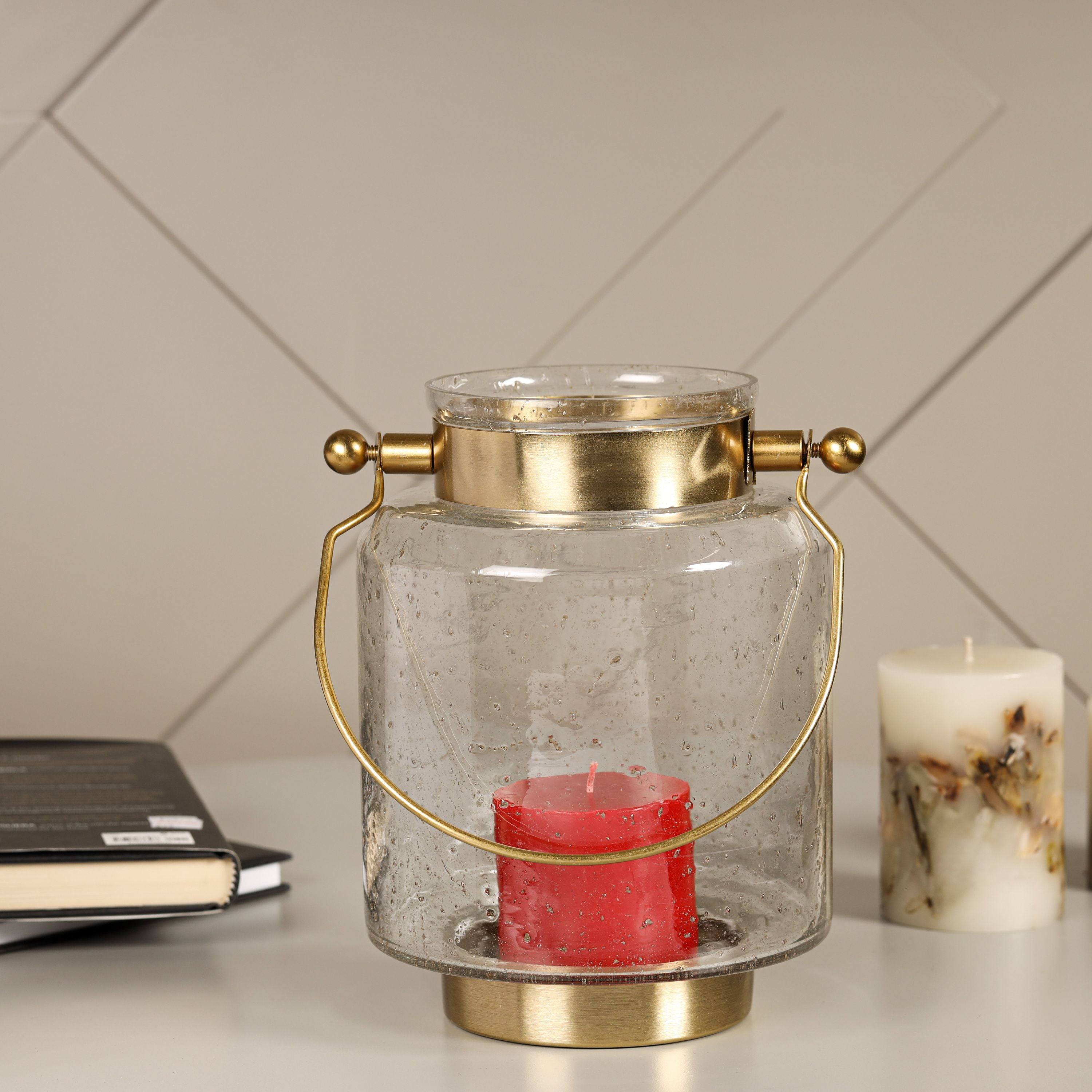 Better Homes and Garden 9.5" Gold Seeded Glass Lantern