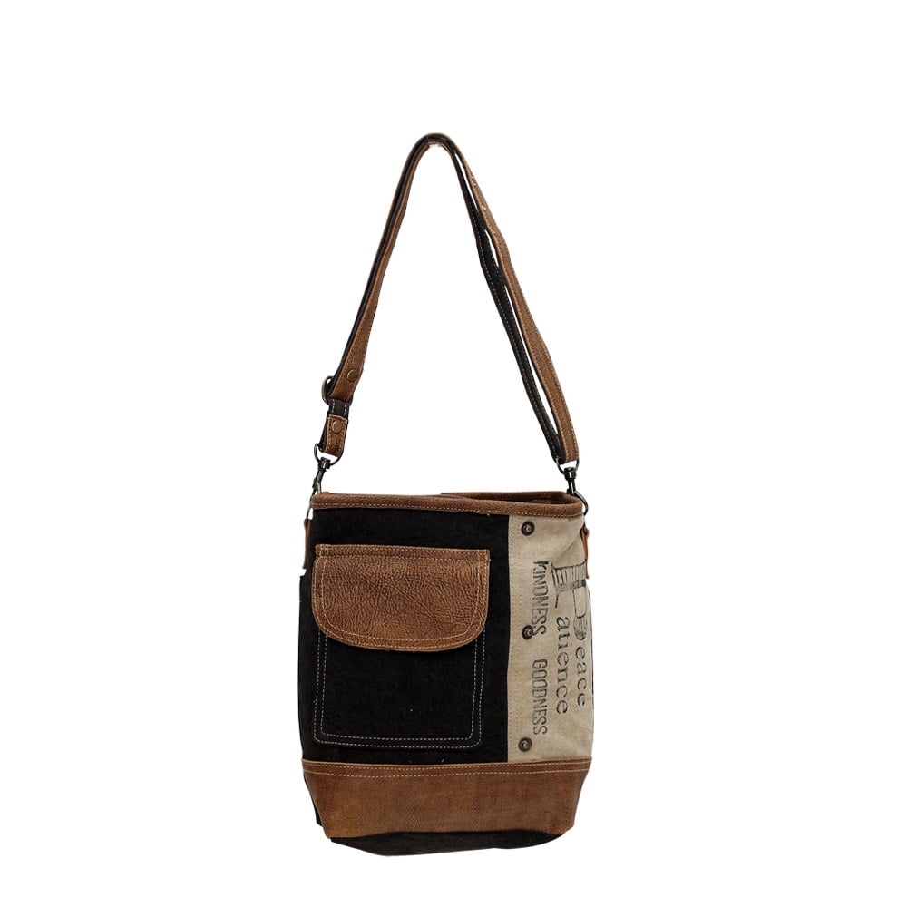 Myra Bag Peace and Goodness Upcycled Canvas Genuine Leather Trim Crossbody Bag