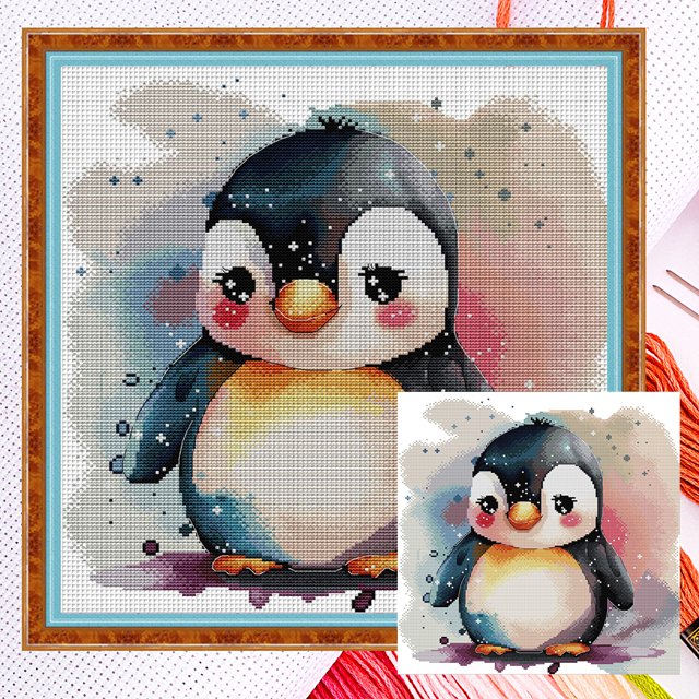 Hilo Algodón Ecológico Bordado No Manchú 14CT 2 Hebras Tela Blanca Kit Serie Punto Cruz Pequeño Pingüino Lindo 37*40cm Wdftyju