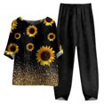 thumbnail image 1 of CHOK Ensembles en Lin pour Femmes Imprimé Floral Vintage Été Manches Mi-Longues Bouton Col Rond T-Shirt Graphique avec Pantalon Long Ensemble Deux Pièces Détente Jaune L, 1 of 2