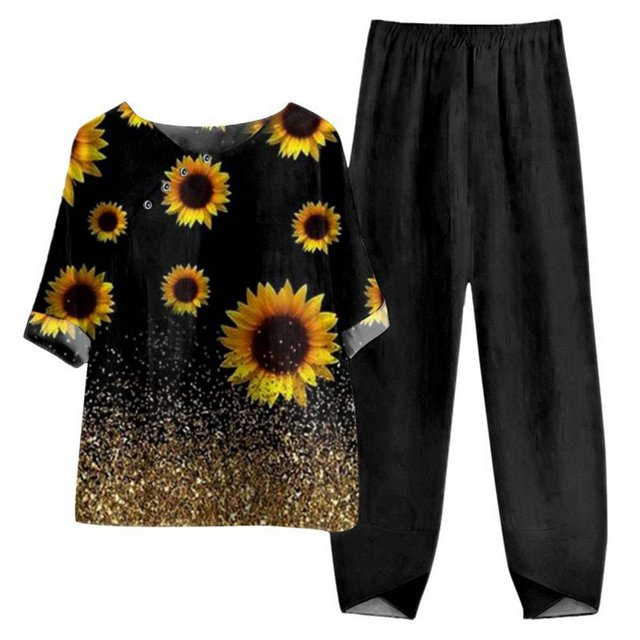 CHOK Ensembles en Lin pour Femmes Imprimé Floral Vintage Été Manches Mi-Longues Bouton Col Rond T-Shirt Graphique avec Pantalon Long Ensemble Deux Pièces Détente Jaune L