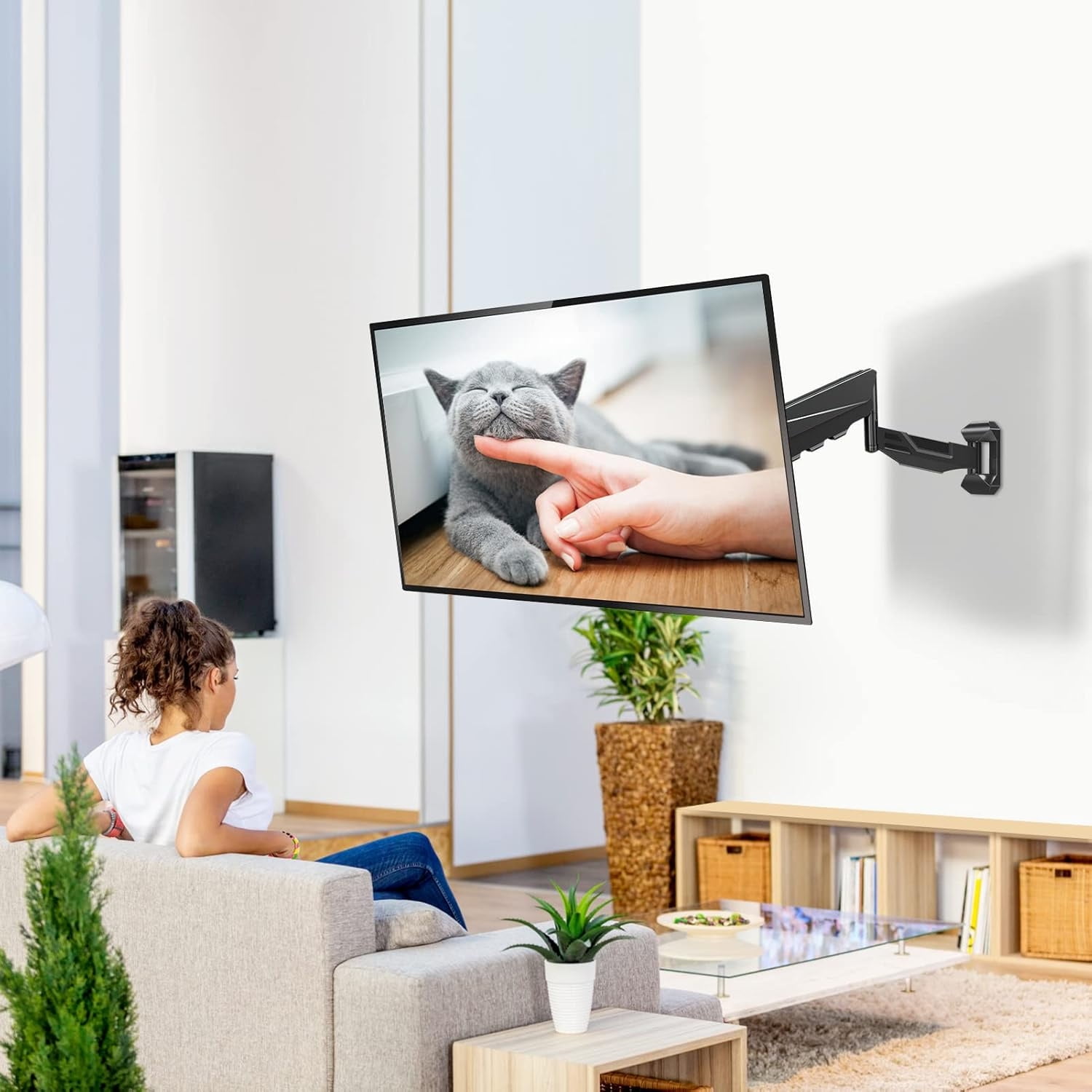 Height Adjustable TV Wall Mount for 26-55 Inch TVs, Gas Spring Full Motion Articulating TV Bracket with Smooth Swivel Tilt &  Corner Installation