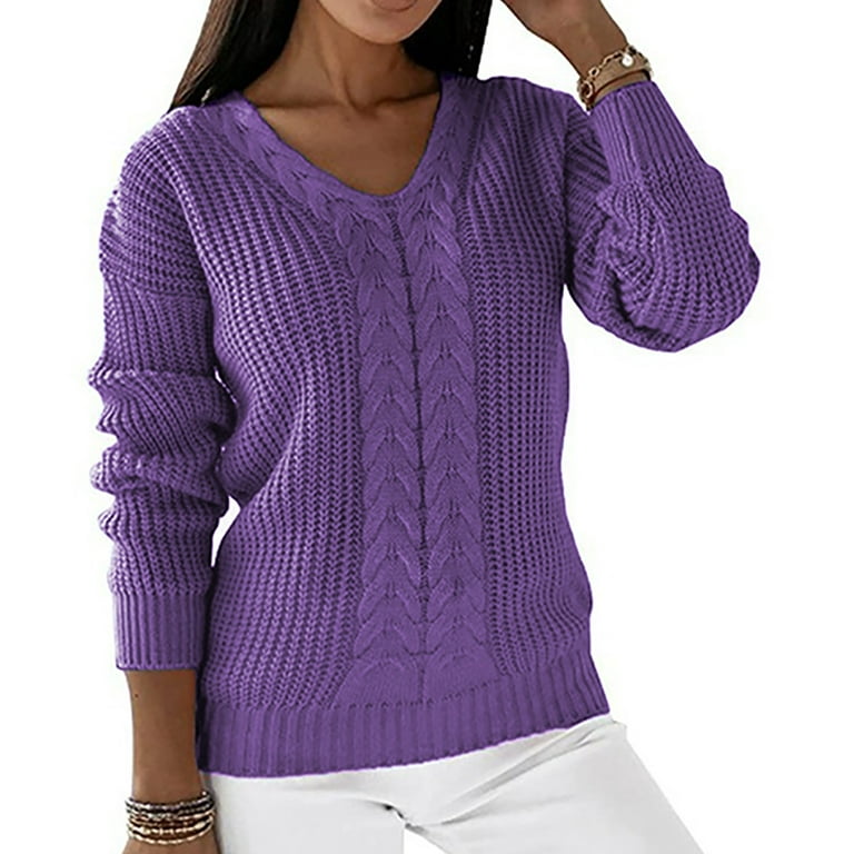 Hfyihgf Womens V Neck Sweaters Long Sleeve Cable Knit Pullover Jumper Tops  Casual Winter Fall Warm Chunky Knitwear Sweater(Purple,XL)
