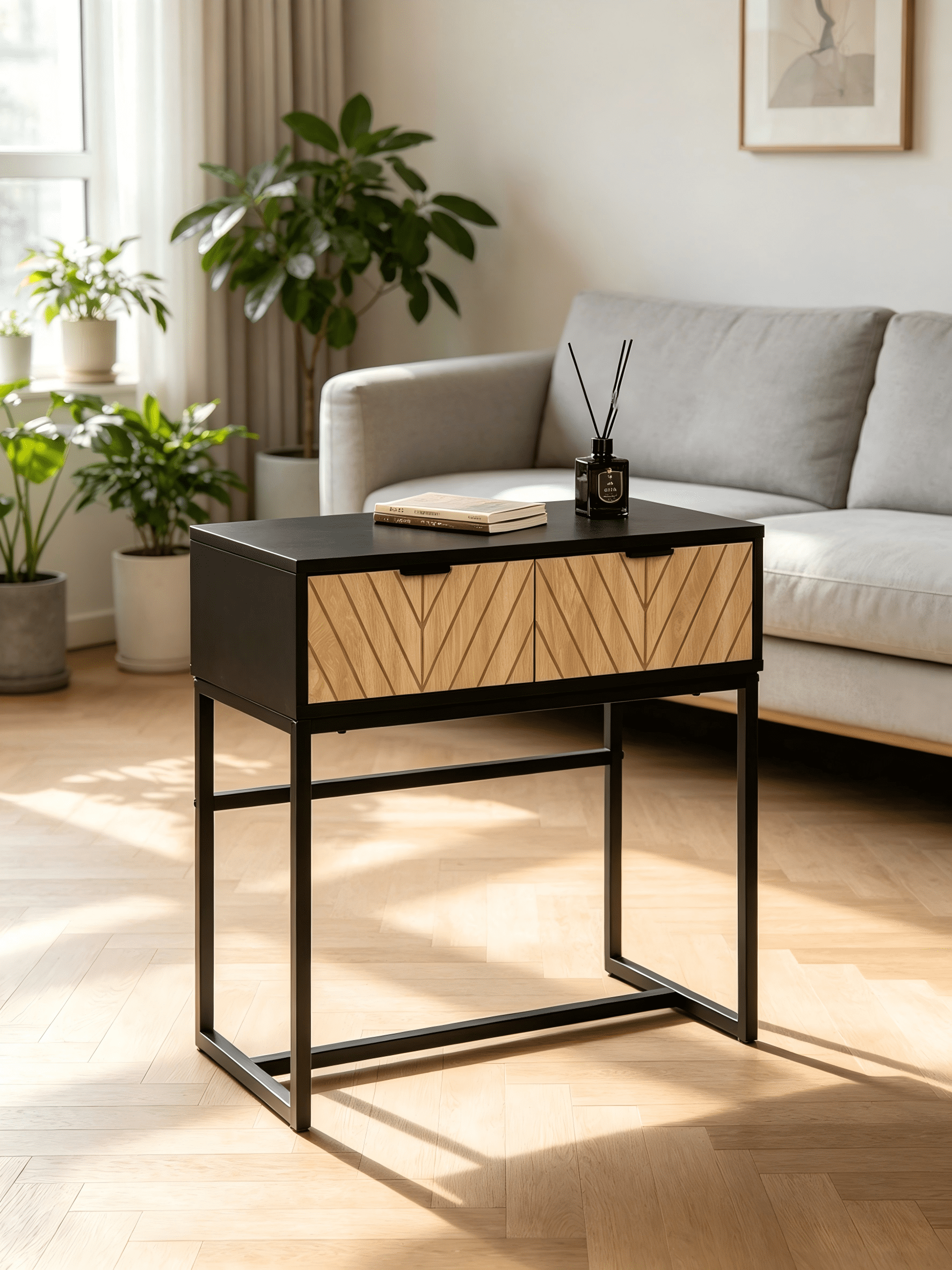 Modern Entryway Console Table, Matte Black Metal Frame Accent Table with Chevron Natural Wood Drawers, Compact Storage Sofa Side Table for Hallway Living Room Bedroom Small Spaces