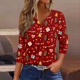 thumbnail image 2 of WTOBBY Women's Christmas Snowflake Tree Print V-Neck Decorative Button 3/4 Sleeve T-Shirt, Ladies Holiday Fashion Top for Seasonal Wear, Comfortable Casual Blouse,Red XL, 2 of 5
