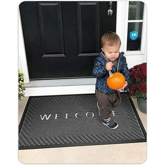 Welcome Mat Indoor Outdoor, 35x59 Door Mat Outdoor Entrance, Heavy Duty Non Slip Waterproof Rubber Outside Door Mats, Welcome Mats Outdoor All Weather for Entryway, Patio, BlackGrey Mats 16x24 Inch