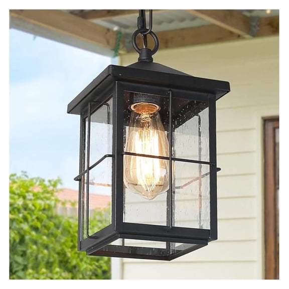 Outdoor Pendant Light Fixture, Farmhouse Exterior Hanging Lights with Adjustable Chain, Black Ceiling Outdoor Light with Seeded Glass, Square Hanging Lantern for Front Door, Entry, Porch, and Gazebo