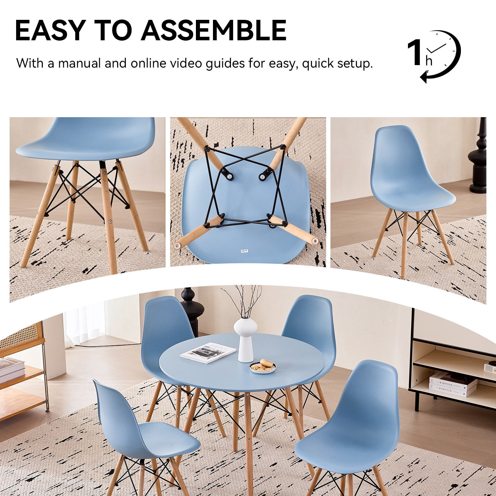 5 Piece 31.5'' Round Dining Table Set for 4, Kitchen Table & Chairs Set of 4, Mid-Century Modern Table W/ 4 Chairs for Home, Living Room, Apartment, Wood Legs, Metal Frame, Blue