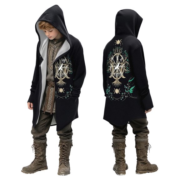 LILIYA Norse Viking Mythology Hooded Cloak for Boys, Medieval Mid Length Cape Jacket, Vintage Graphic Cardigan Coat, Warm Fall Winter Outerwear for Halloween Party 9-10 Years