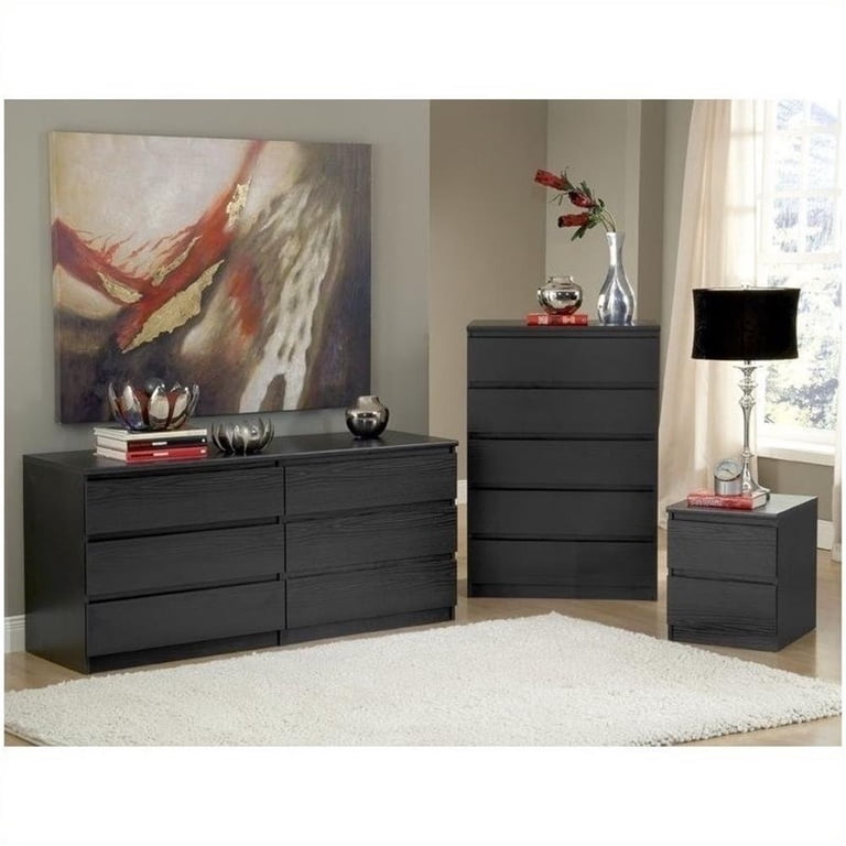 walmart black dresser set Home Square 3 Piece Bedroom Set with 6 Drawer Double Dresser and Two 2 Drawer Nightstands in Black Woodgrain