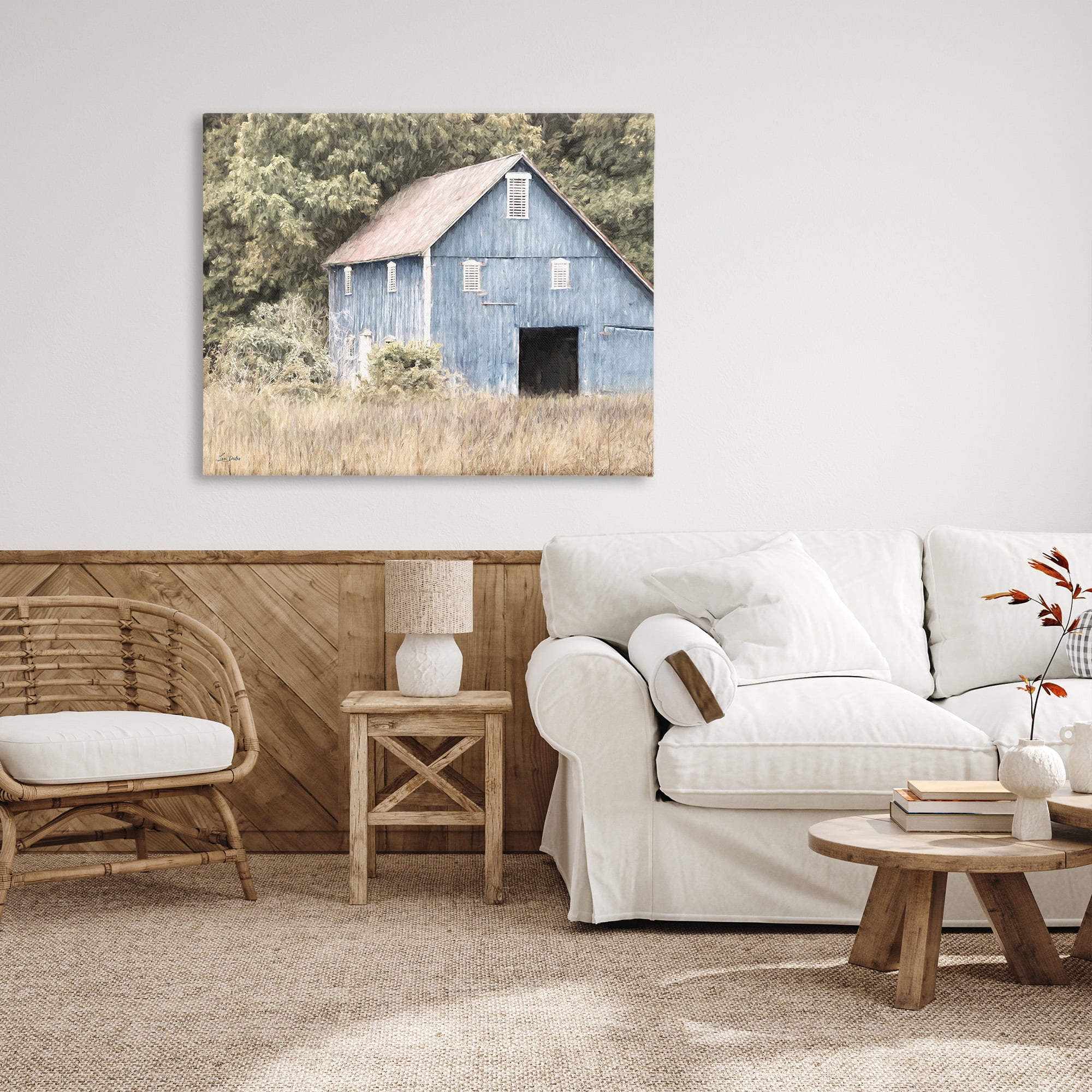 Stupell Industries Rustic Blue Barn Landscape Painting Gallery Wrapped Canvas Art Print Wall Art, 48 x 36