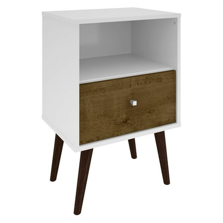 Red And Black Bedroom Furniture Manhattan Comfort Liberty Mid Century - Modern Nightstand 1.0 with 1 Cubby Space and 1 Drawer in White and Rustic Brown with Solid Wood Legs ()