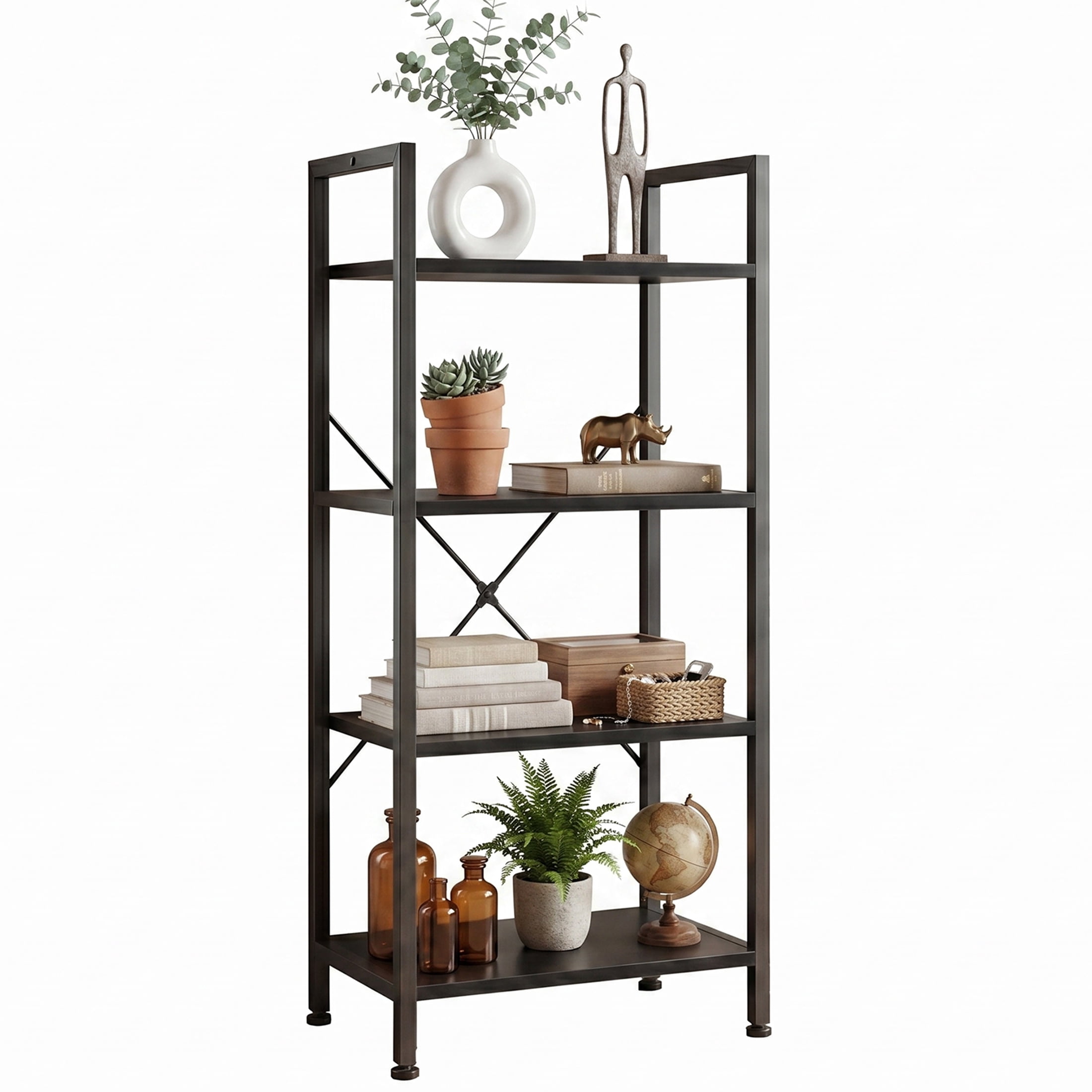 CONCETTA Bookshelf, 4-Tier Small Industrial Storage Shelf & Shelves, Metal Bookcase for Home Office, Living Room, Black