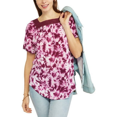 Women's Short-Sleeve Square Neck All-Over Print Peasant Top With Embroidery