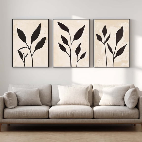 Abstract Black Leaf Plant Beige Canvas Painting Wall Art for Living Room Bedroom Decoration, Poster Print, Frameless