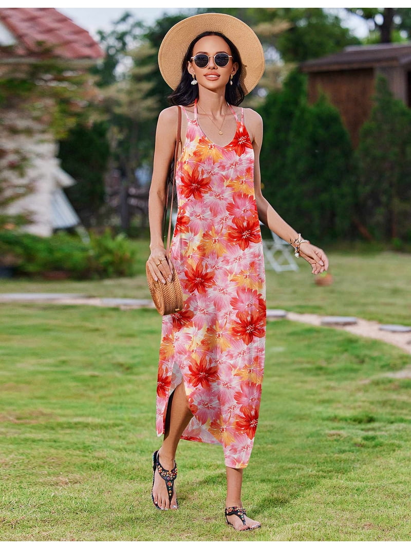 Zeagoo Summer Dresses for Women Casual Spaghetti Strap V Neck Sleeveless Dresses with Pocket