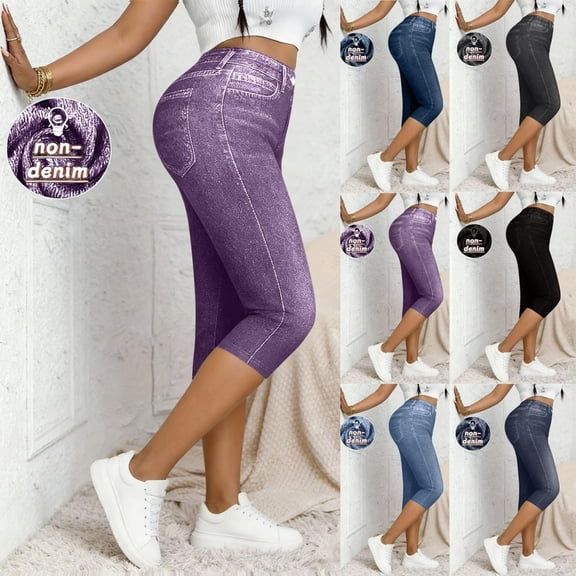 Oksale Faux Denim Capri Pants for Women Stretch Butt Lifting Capri Leggings with Pockets High Waisted Cropped Leggings Purple S