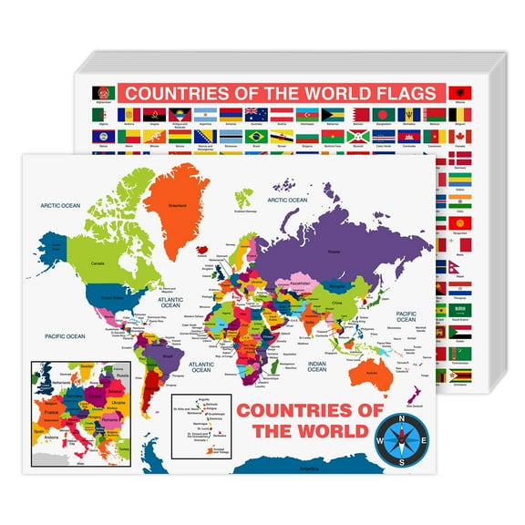 All Countries and Flags of the World Educational Map | Great Learning Tool for Kids and Adults | 80lb Cardstock (216gsm) | 8.5 x 11 | 10 per Pack